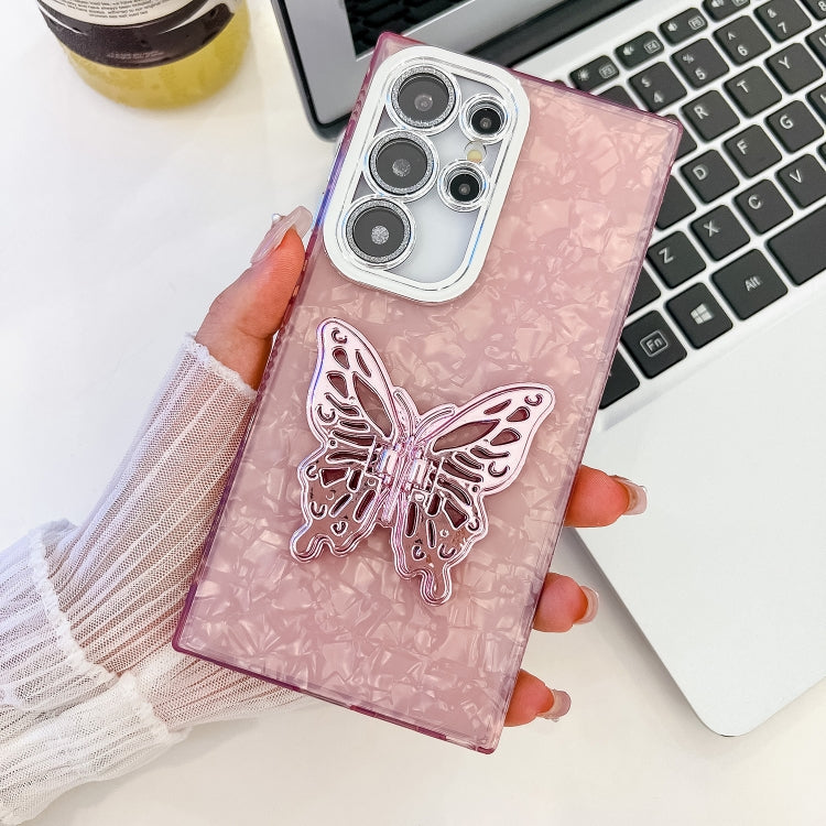 Plating Glitter Texture Butterfly Holder TPU Phone Case with Lens Film, For Samsung Galaxy S24 Ultra 5G