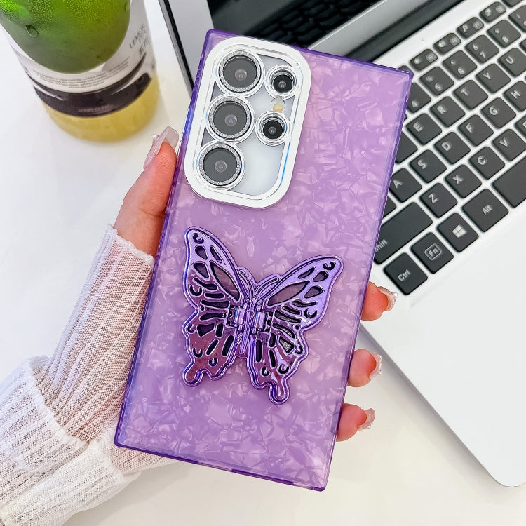 Plating Glitter Texture Butterfly Holder TPU Phone Case with Lens Film, For Samsung Galaxy S24 Ultra 5G