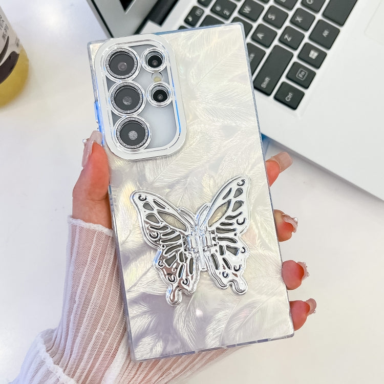 Plating Glitter Texture Butterfly Holder TPU Phone Case with Lens Film, For Samsung Galaxy S24 Ultra 5G