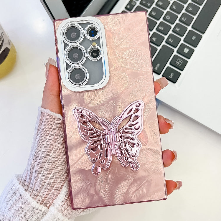 Plating Glitter Texture Butterfly Holder TPU Phone Case with Lens Film, For Samsung Galaxy S24 Ultra 5G