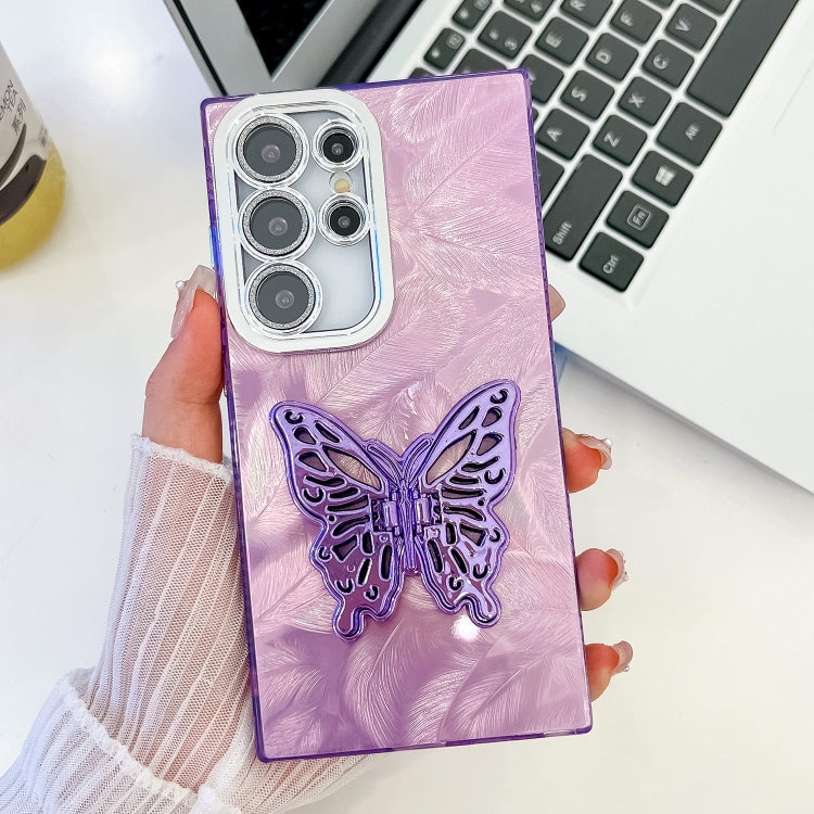 Plating Glitter Texture Butterfly Holder TPU Phone Case with Lens Film, For Samsung Galaxy S24 Ultra 5G