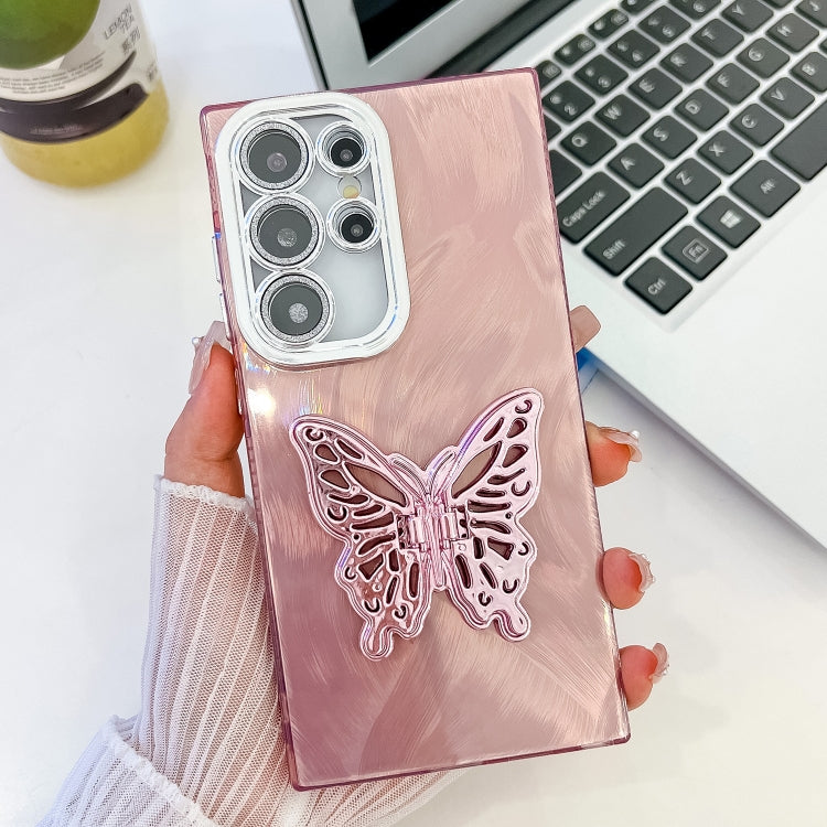 Plating Glitter Texture Butterfly Holder TPU Phone Case with Lens Film, For Samsung Galaxy S24 Ultra 5G