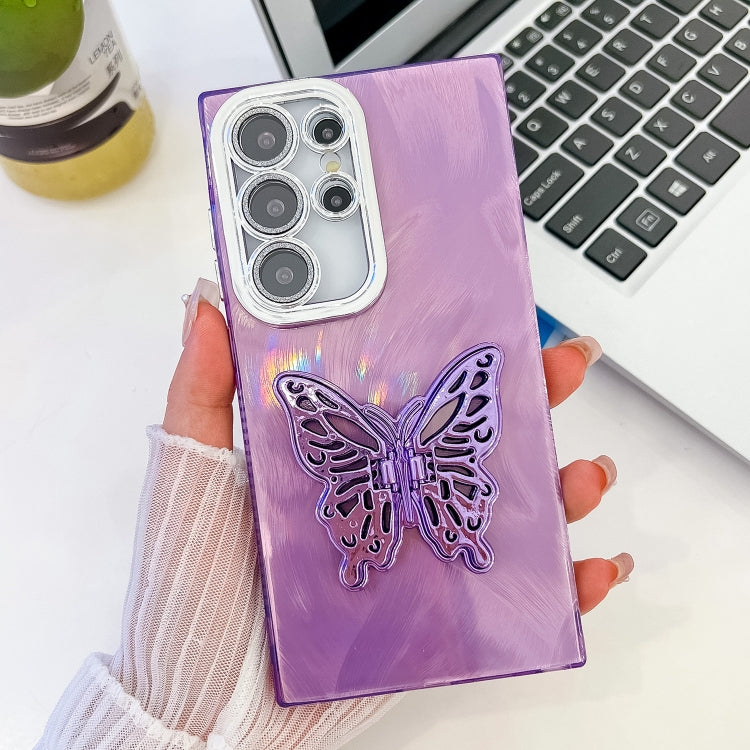 Plating Glitter Texture Butterfly Holder TPU Phone Case with Lens Film, For Samsung Galaxy S24 Ultra 5G