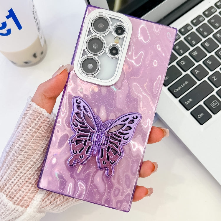 Plating Glitter Texture Butterfly Holder TPU Phone Case with Lens Film, For Samsung Galaxy S24 Ultra 5G