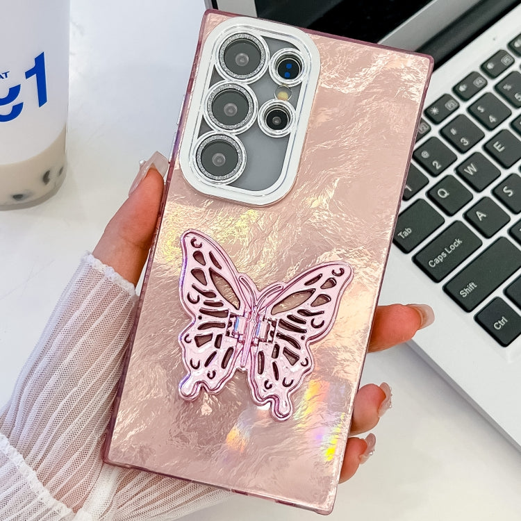 Plating Glitter Texture Butterfly Holder TPU Phone Case with Lens Film, For Samsung Galaxy S24 Ultra 5G