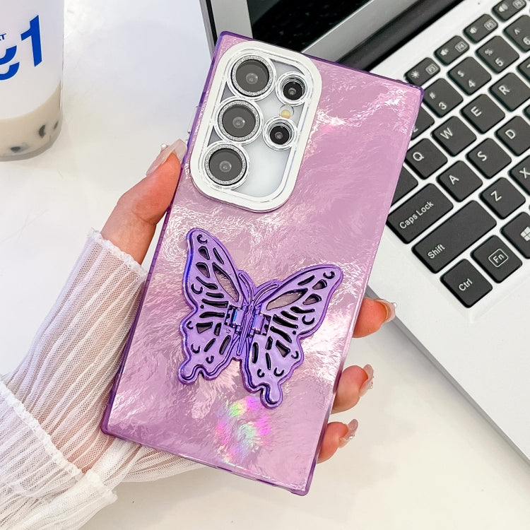 Plating Glitter Texture Butterfly Holder TPU Phone Case with Lens Film, For Samsung Galaxy S24 Ultra 5G