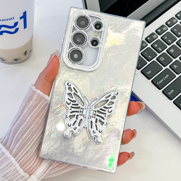 Plating Glitter Texture Butterfly Holder TPU Phone Case with Lens Film, For Samsung Galaxy S23 Ultra 5G