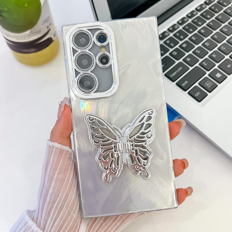 Plating Glitter Texture Butterfly Holder TPU Phone Case with Lens Film, For Samsung Galaxy S25 Ultra 5G