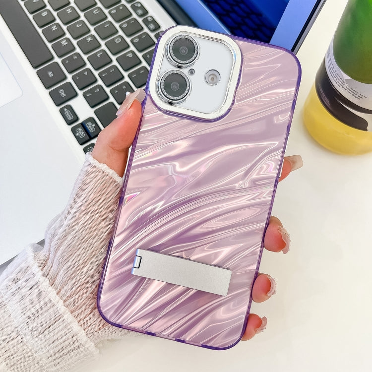 Plating Glitter Texture Fold Holder TPU Phone Case with Lens Film, For iPhone 16