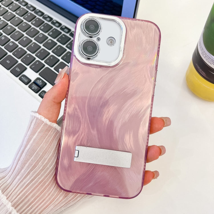Plating Glitter Texture Fold Holder TPU Phone Case with Lens Film, For iPhone 16