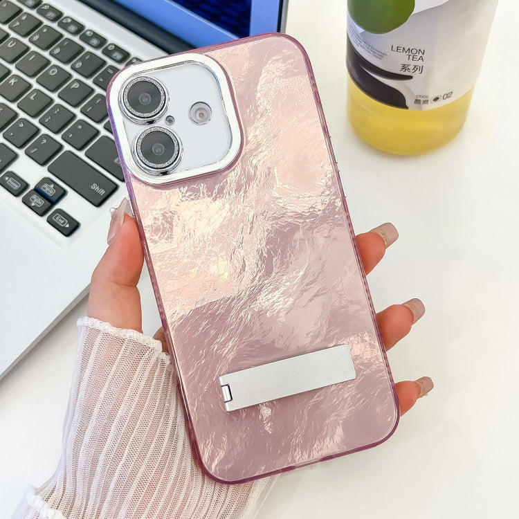 Plating Glitter Texture Fold Holder TPU Phone Case with Lens Film, For iPhone 16