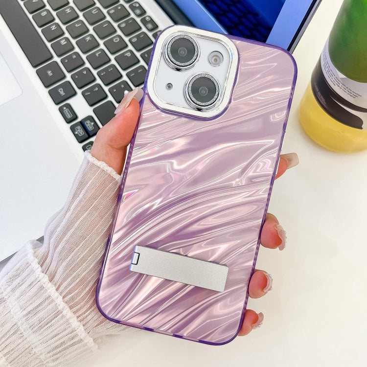 Plating Glitter Texture Fold Holder TPU Phone Case with Lens Film, For iPhone 15