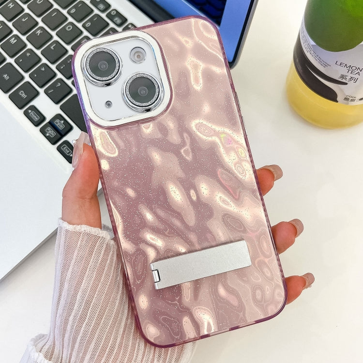 Plating Glitter Texture Fold Holder TPU Phone Case with Lens Film, For iPhone 15