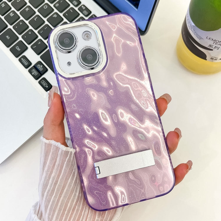 Plating Glitter Texture Fold Holder TPU Phone Case with Lens Film, For iPhone 15