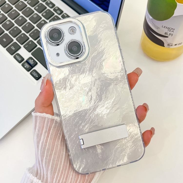 Plating Glitter Texture Fold Holder TPU Phone Case with Lens Film, For iPhone 15