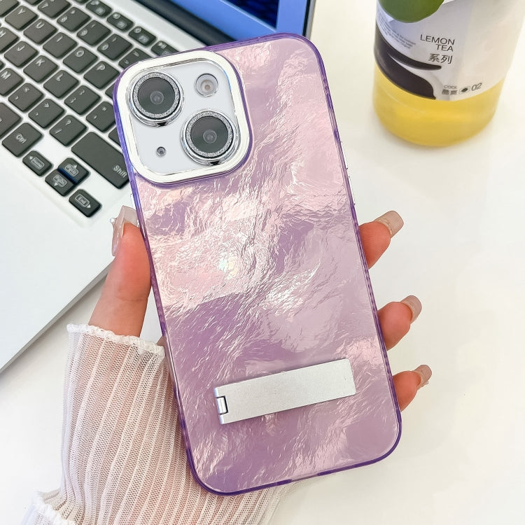 Plating Glitter Texture Fold Holder TPU Phone Case with Lens Film, For iPhone 15