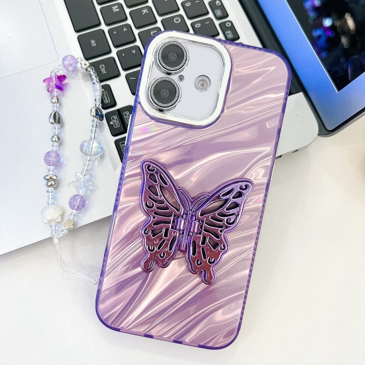 Plating Glitter Lens Film Texture Butterfly Holder Wristband Phone Case, For iPhone 16