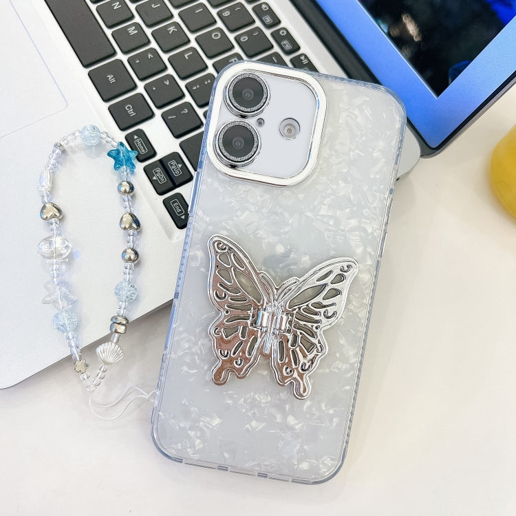 Plating Glitter Lens Film Texture Butterfly Holder Wristband Phone Case, For iPhone 16
