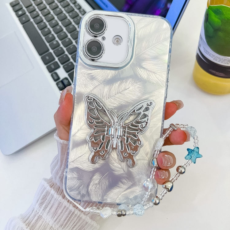 Plating Glitter Lens Film Texture Butterfly Holder Wristband Phone Case, For iPhone 16