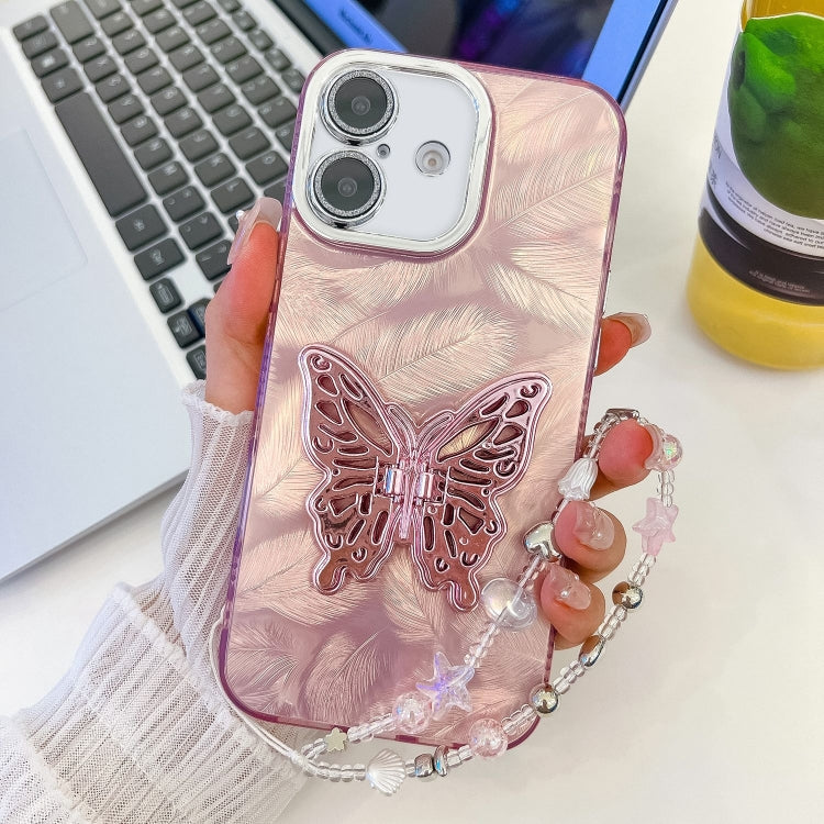 Plating Glitter Lens Film Texture Butterfly Holder Wristband Phone Case, For iPhone 16