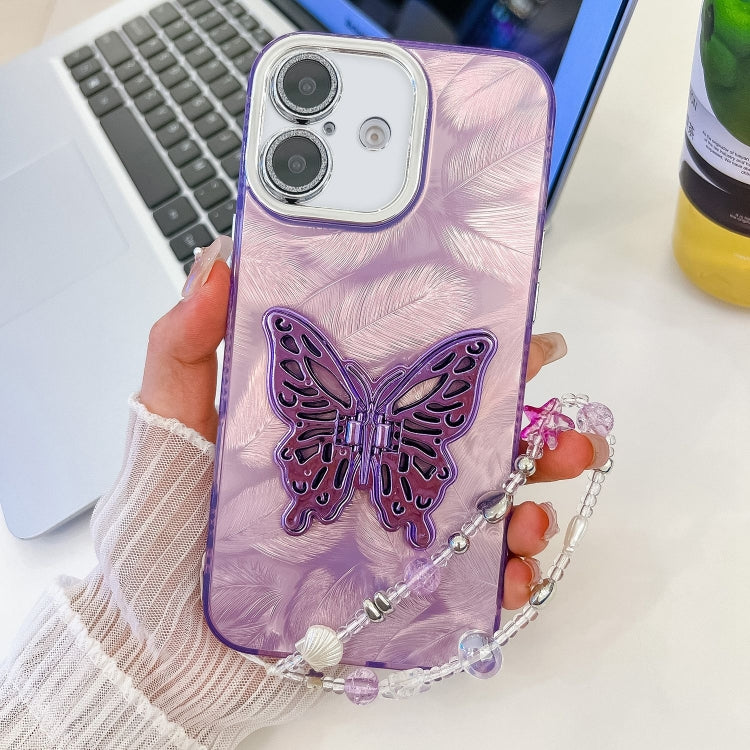 Plating Glitter Lens Film Texture Butterfly Holder Wristband Phone Case, For iPhone 16