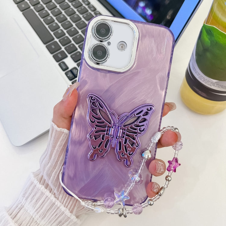 Plating Glitter Lens Film Texture Butterfly Holder Wristband Phone Case, For iPhone 16