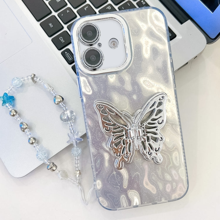 Plating Glitter Lens Film Texture Butterfly Holder Wristband Phone Case, For iPhone 16