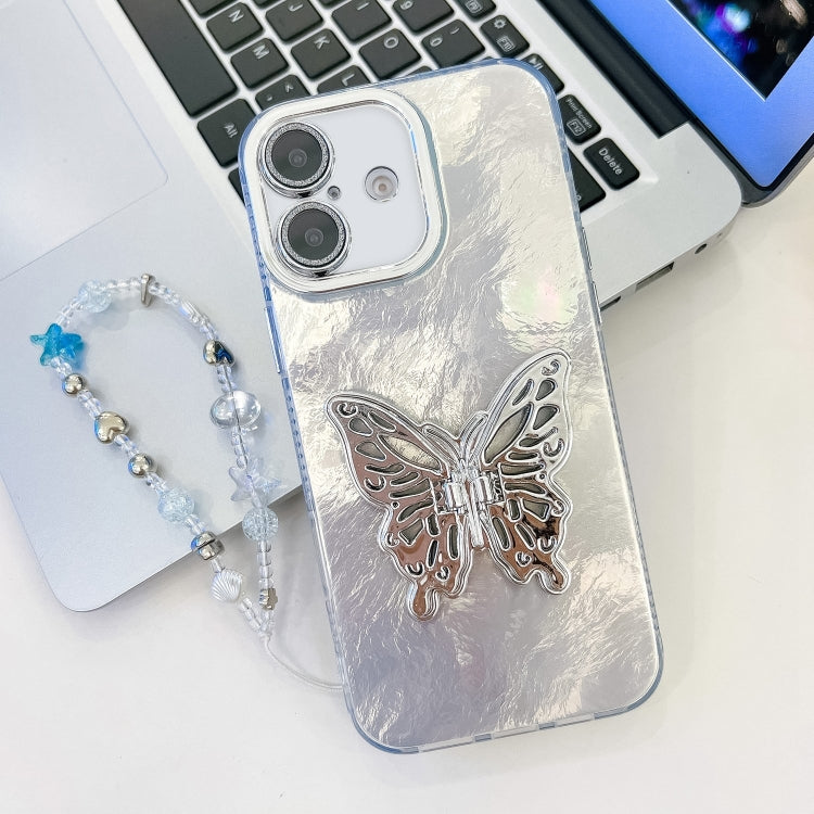 Plating Glitter Lens Film Texture Butterfly Holder Wristband Phone Case, For iPhone 16
