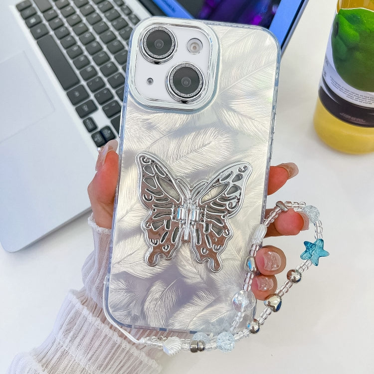 Plating Glitter Lens Film Texture Butterfly Holder Wristband Phone Case, For iPhone 15