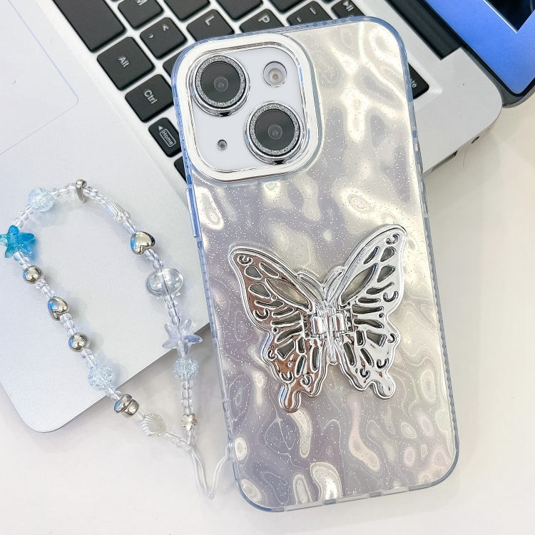 Plating Glitter Lens Film Texture Butterfly Holder Wristband Phone Case, For iPhone 15