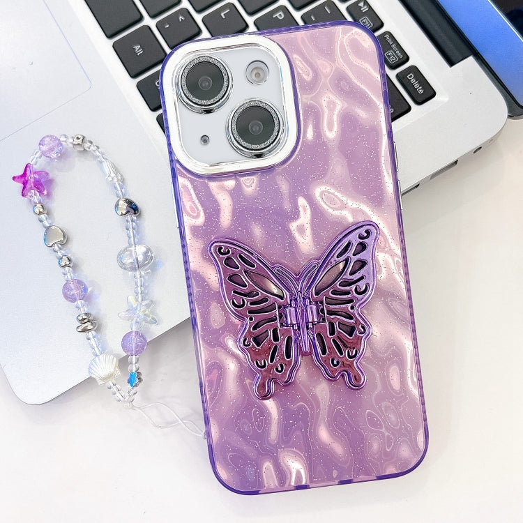 Plating Glitter Lens Film Texture Butterfly Holder Wristband Phone Case, For iPhone 15