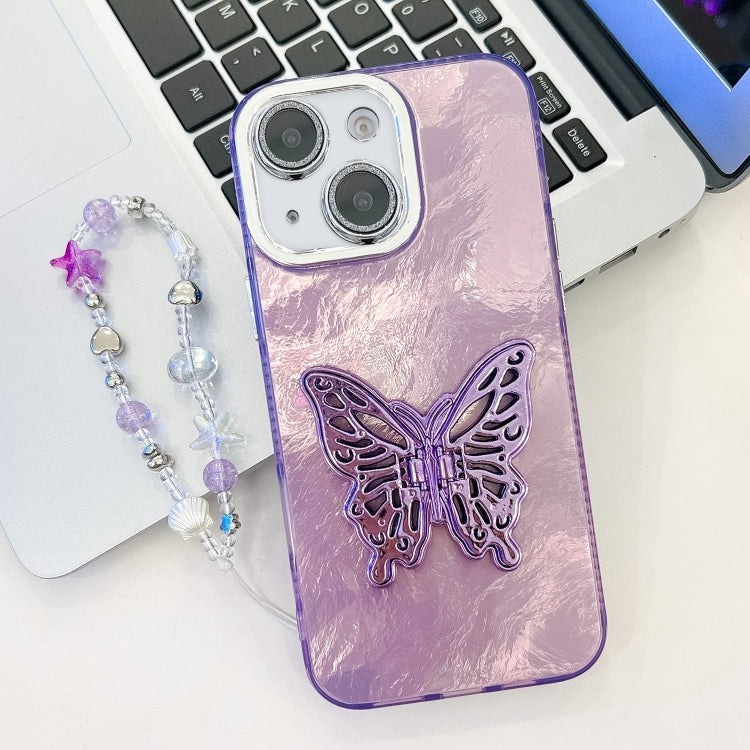 Plating Glitter Lens Film Texture Butterfly Holder Wristband Phone Case, For iPhone 15