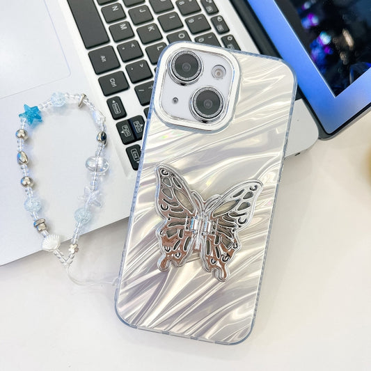 Plating Glitter Lens Film Texture Butterfly Holder Wristband Phone Case, For iPhone 14