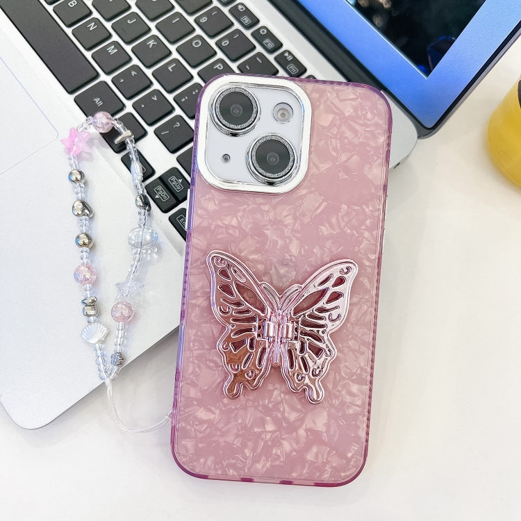 Plating Glitter Lens Film Texture Butterfly Holder Wristband Phone Case, For iPhone 14