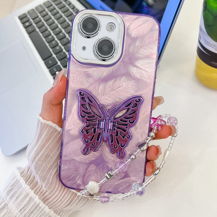 Plating Glitter Lens Film Texture Butterfly Holder Wristband Phone Case, For iPhone 14