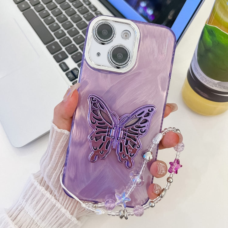Plating Glitter Lens Film Texture Butterfly Holder Wristband Phone Case, For iPhone 14