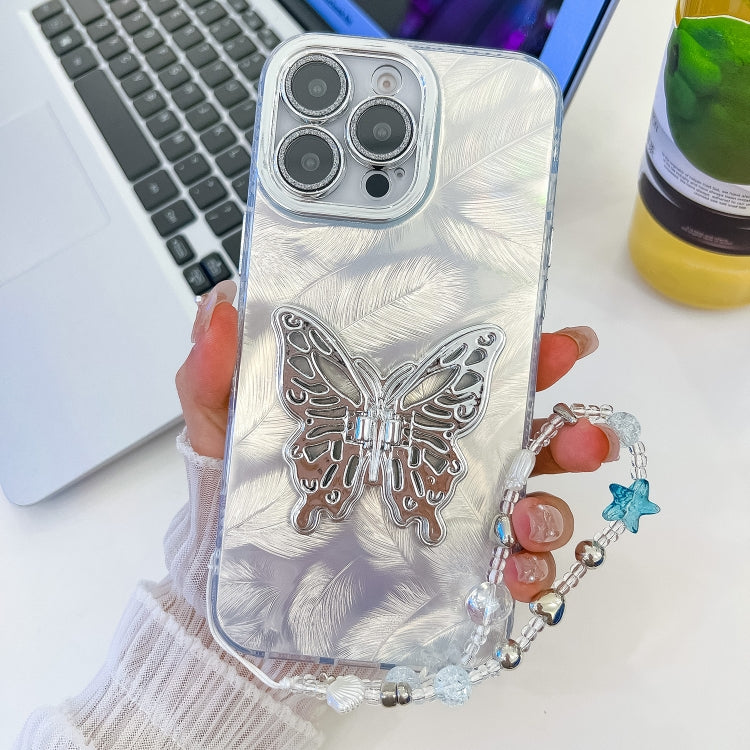 Plating Glitter Lens Film Texture Butterfly Holder Wristband Phone Case, For iPhone 13 Pro