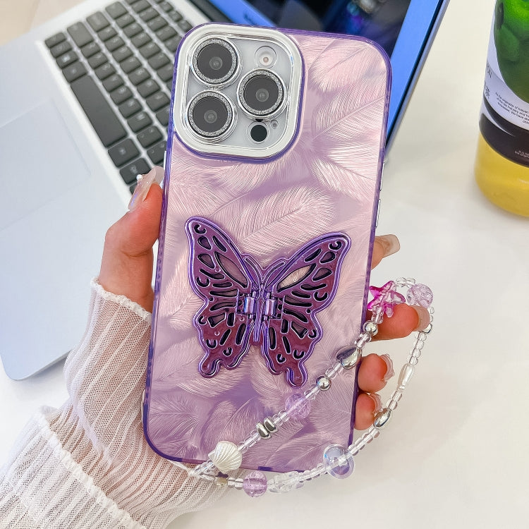 Plating Glitter Lens Film Texture Butterfly Holder Wristband Phone Case, For iPhone 13 Pro