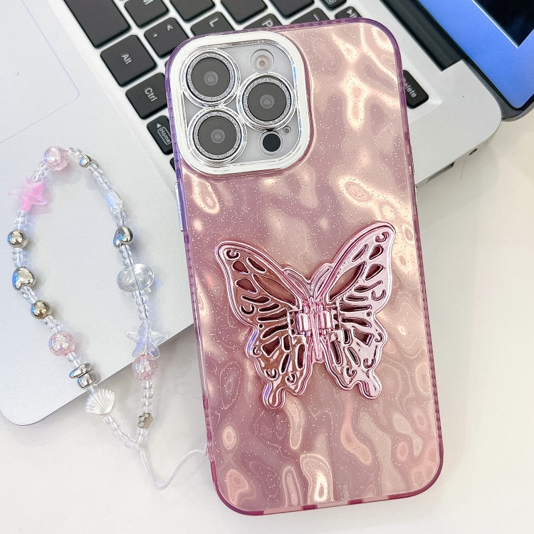 Plating Glitter Lens Film Texture Butterfly Holder Wristband Phone Case, For iPhone 13 Pro