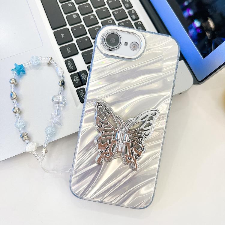 Plating Glitter Lens Film Texture Butterfly Holder Wristband Phone Case, For iPhone 16e