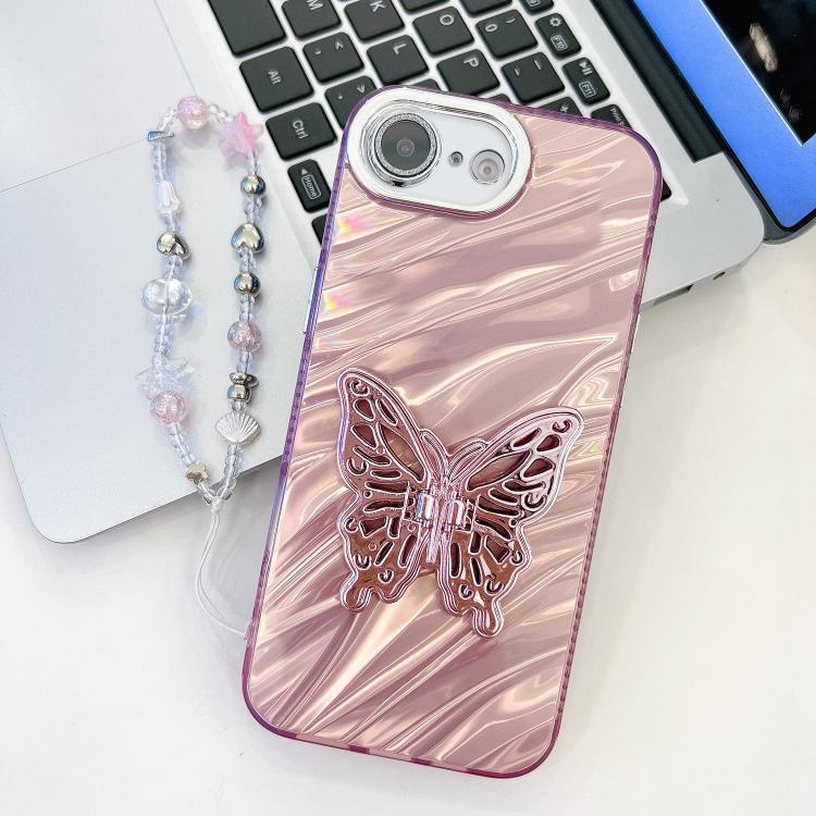 Plating Glitter Lens Film Texture Butterfly Holder Wristband Phone Case, For iPhone 16e