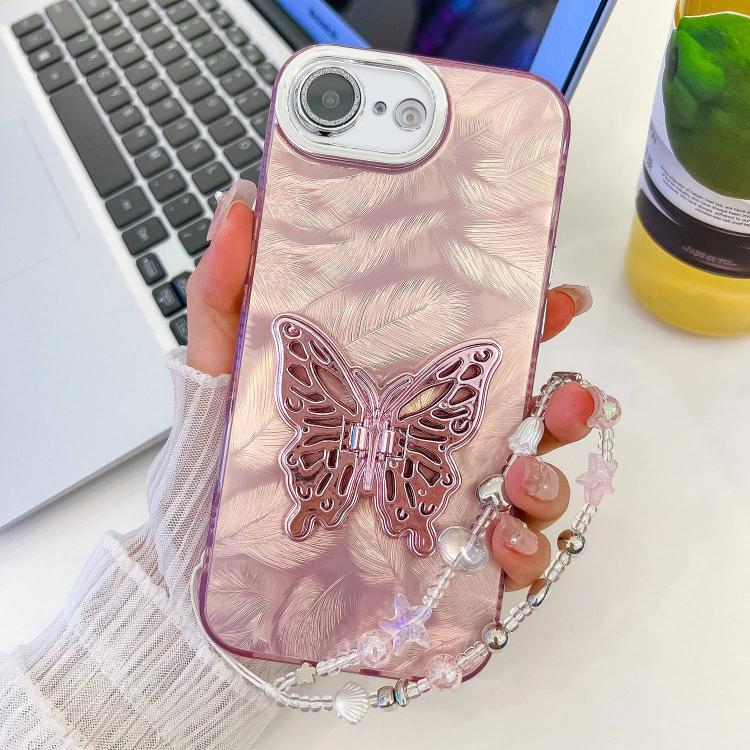 Plating Glitter Lens Film Texture Butterfly Holder Wristband Phone Case, For iPhone 16e