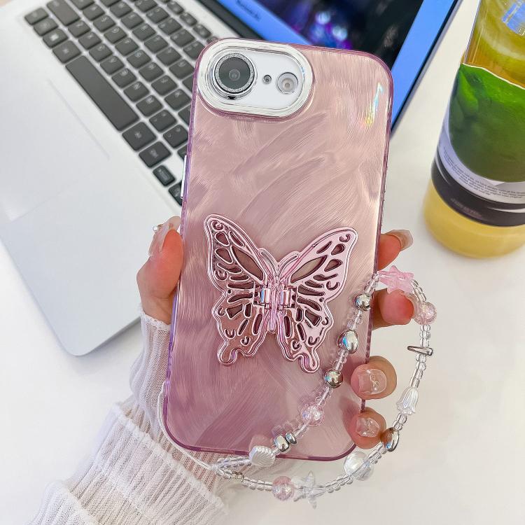 Plating Glitter Lens Film Texture Butterfly Holder Wristband Phone Case, For iPhone 16e