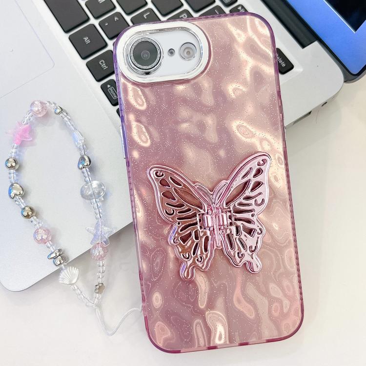 Plating Glitter Lens Film Texture Butterfly Holder Wristband Phone Case, For iPhone 16e