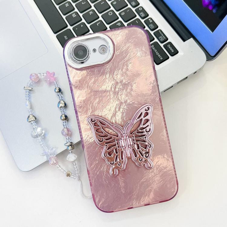 Plating Glitter Lens Film Texture Butterfly Holder Wristband Phone Case, For iPhone 16e