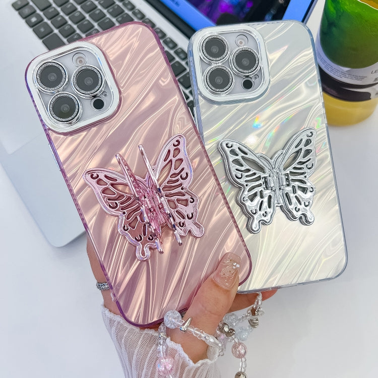 Plating Glitter Lens Film Texture Butterfly Holder Wristband Phone Case, For iPhone 13 Pro