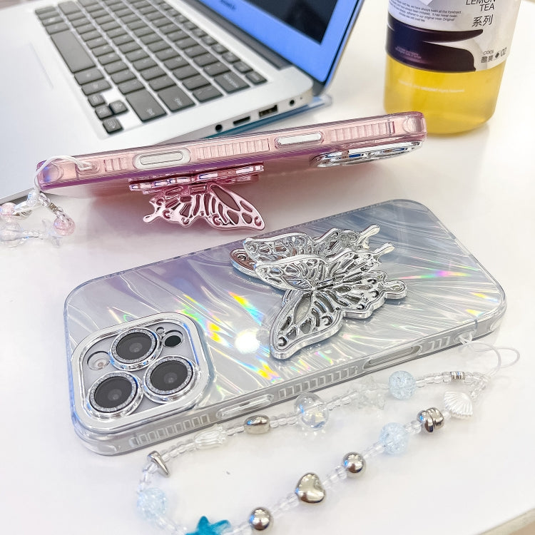 Plating Glitter Lens Film Texture Butterfly Holder Wristband Phone Case, For iPhone 13 Pro