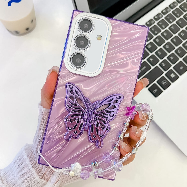 Plating Glitter Lens Film Texture Butterfly Holder Wristband Phone Case, For Samsung Galaxy S24 FE 5G