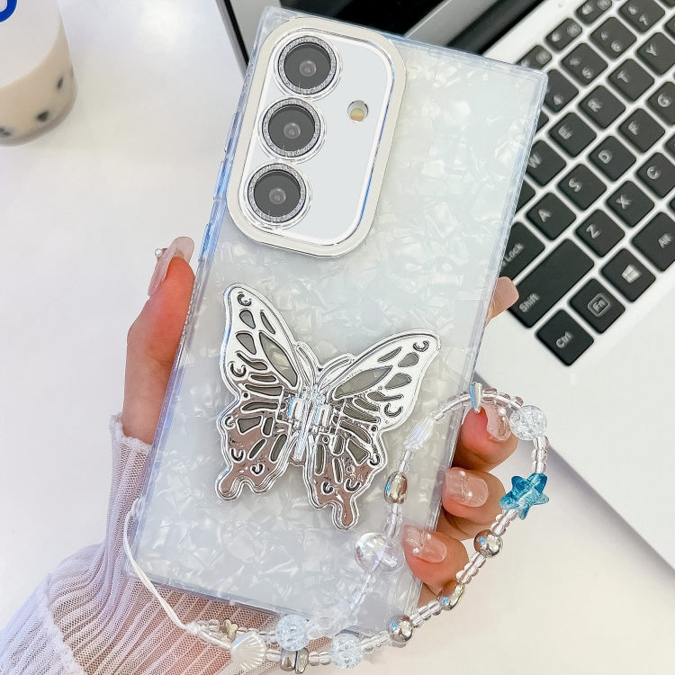 Plating Glitter Lens Film Texture Butterfly Holder Wristband Phone Case, For Samsung Galaxy S24 FE 5G