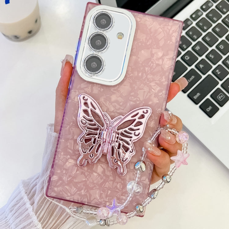 Plating Glitter Lens Film Texture Butterfly Holder Wristband Phone Case, For Samsung Galaxy S24 FE 5G